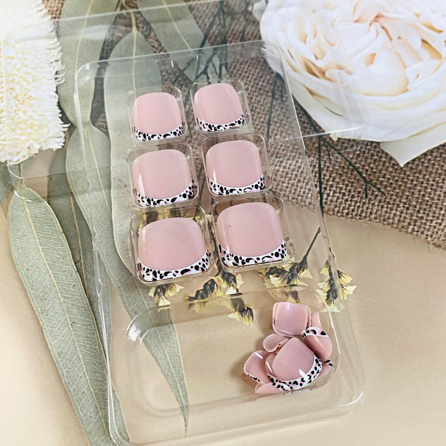 FIEONCIY 24pcs Press-on Square Acrylic False Nails Set with Glue, French & Leopard Designs, Spring & Summer Themed, Full Cover Nails, Women's DIY Manicure