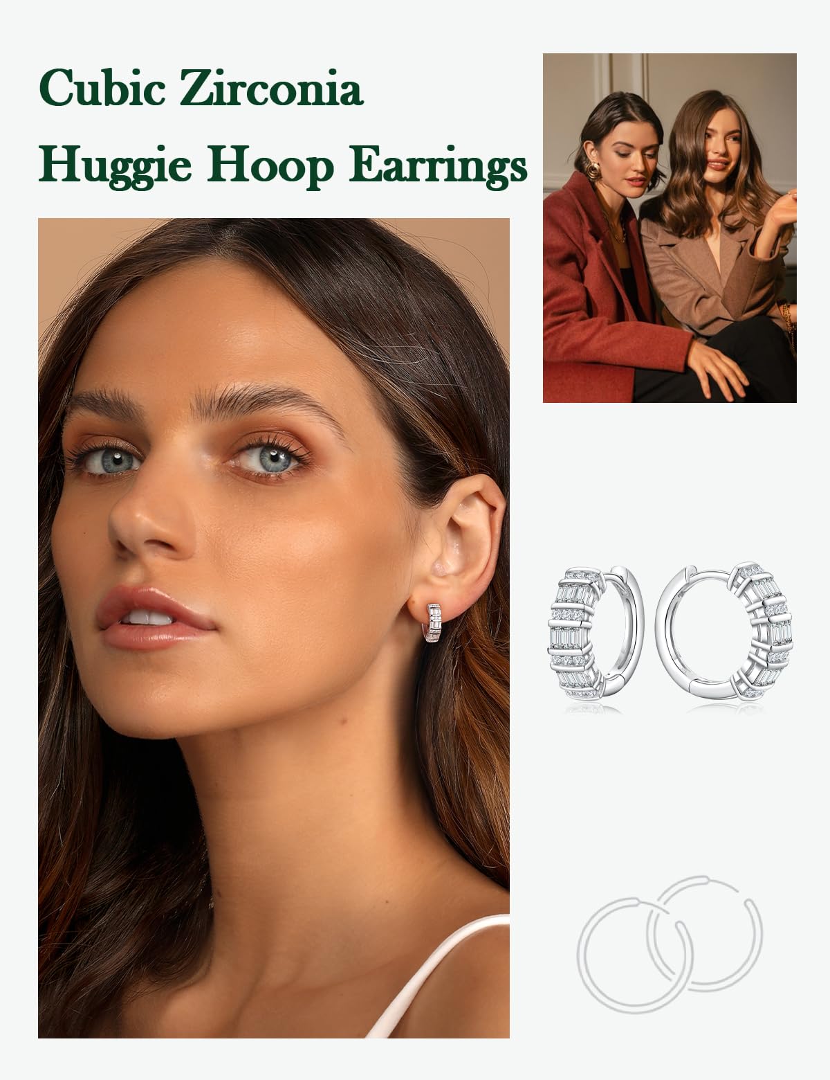 RANDES 925 Sterling Silver Cubic Zirconia Huggie Hoop Earrings for Women Created-Diamond Earrings Chunky Small CZ Earring Hoops