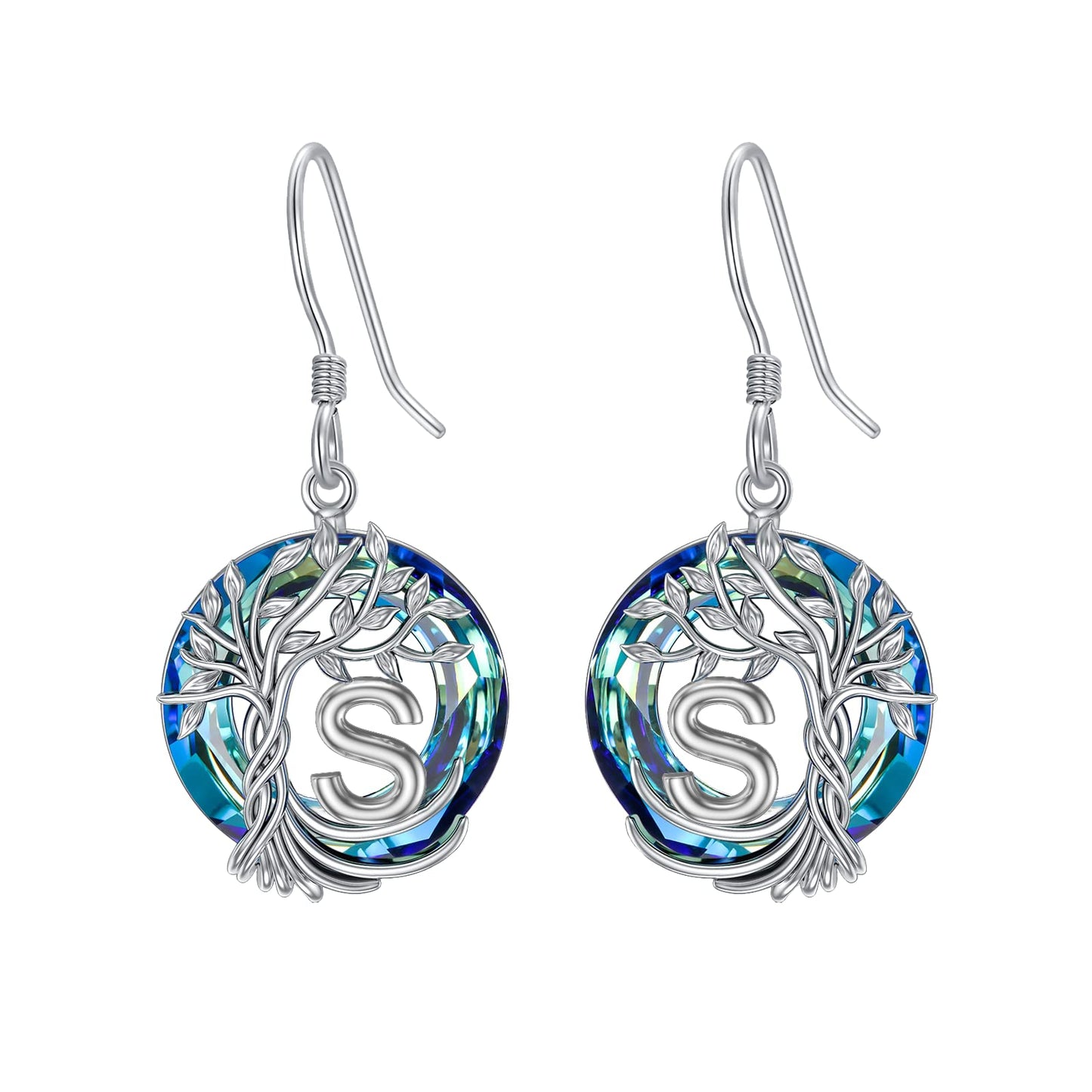 TOUPOP Tree of Life Initial Earrings Sterling Silver Initial S Letter Drop Dangle Earrings Blue Circle Crystal Family Tree Jewelry Birthday Mothers Day Gifts for Women Mom Her