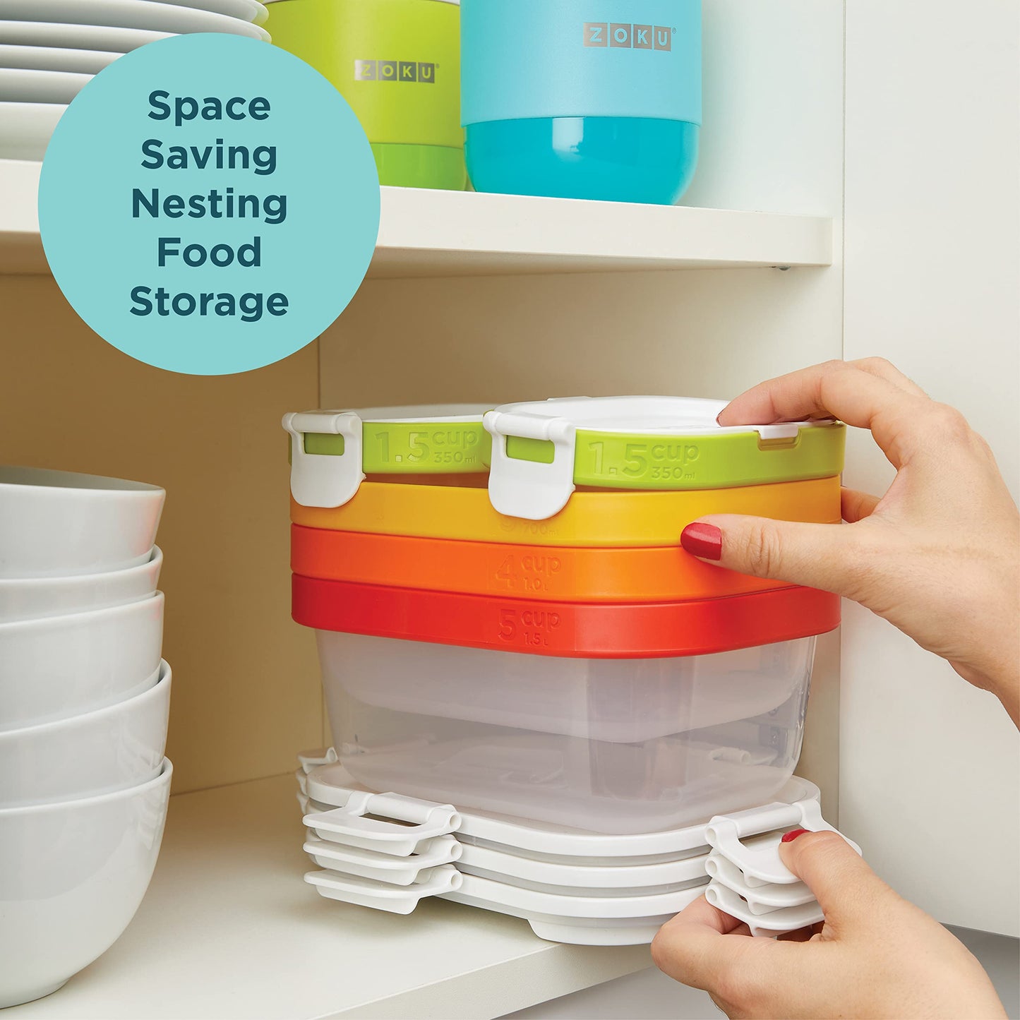 ZOKU - Nested Food Storage Container with Freezer Pack, Leak Proof with Airtight Lids, for Sandwiches, Lunches, Leftovers and more, Easy to Clean, Reusable, BPA Free (Neat Stack) (3 Piece)