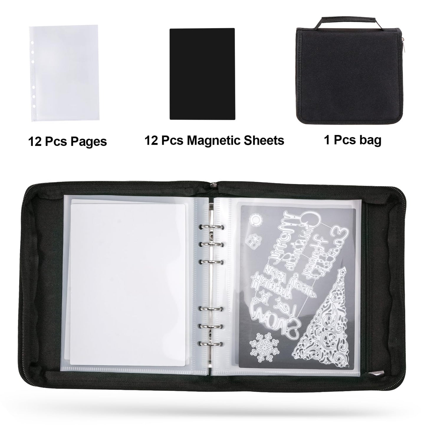 UNIMEIX Magnetic Sheets for Die Storage with Mold Bag, 12 Pcs Stamp and Die Storage Sheets and 12 Pcs Pockets for Card Making Supplies(0.8 mm Thickness, Black)