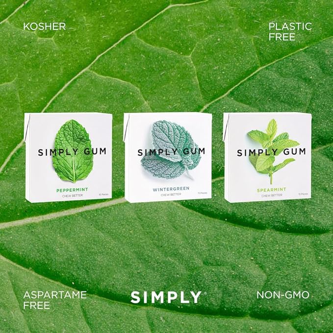 SIMPLY Gum Mint Variety Pack (Peppermint, Spearmint, Wintergreen), Plastic-Free Natural Chewing Gum, 6 Pack (90 Pieces) | Vegan, Kosher, Non GMO, Aspartame Free and Sorbitol Free