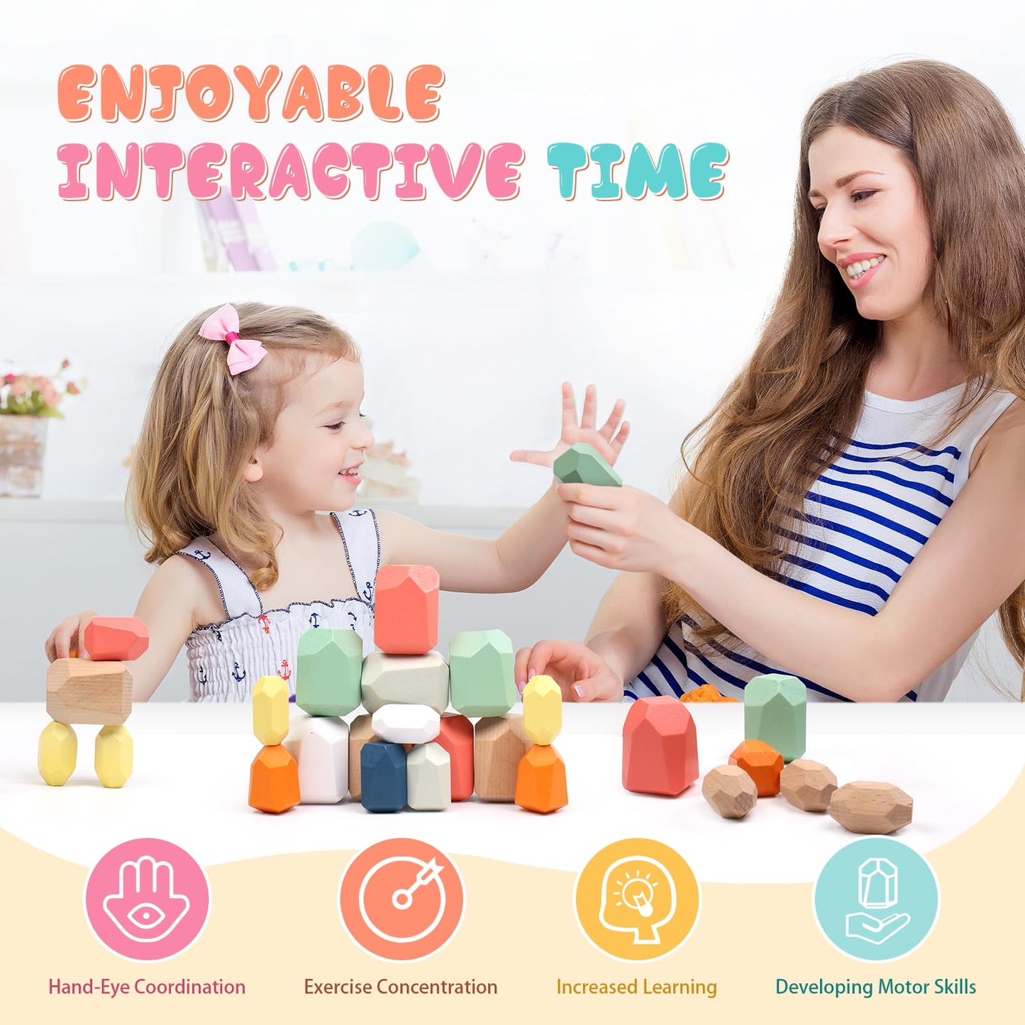 36PCS Wooden Stacking Rocks Building Blocks, Montessori Toys for 3 4 5 year old Stacking Game Sensory Preschool Learning Activities, Balancing Stones Birthday Gifts for Kids 3-5 Easter Basket Stuffers
