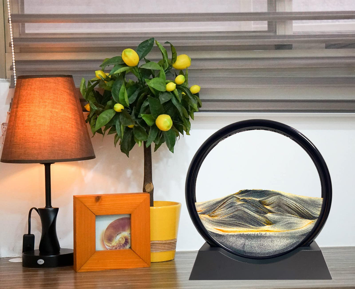 SANDCLE Moving Sand Art Picture - Sand Art Liquid Motion 3D Deep Sea Sandscape, Round Glass Frame Display Flowing Sand Relaxing Toy for Desktop Home Office Work Ocean Decor(Black, 7")
