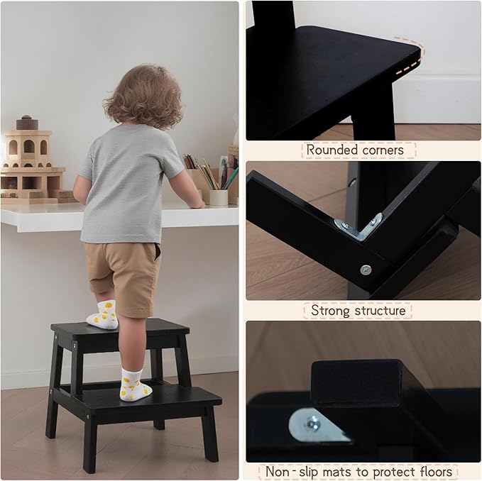 Adult & Child Wooden Two Step Stool ，Stepping Stool，Kids Step Stool Kitchen Step Stools for Bathroom– Perfect for Kitchen, Bathroom, Bedrooms & More (Black)