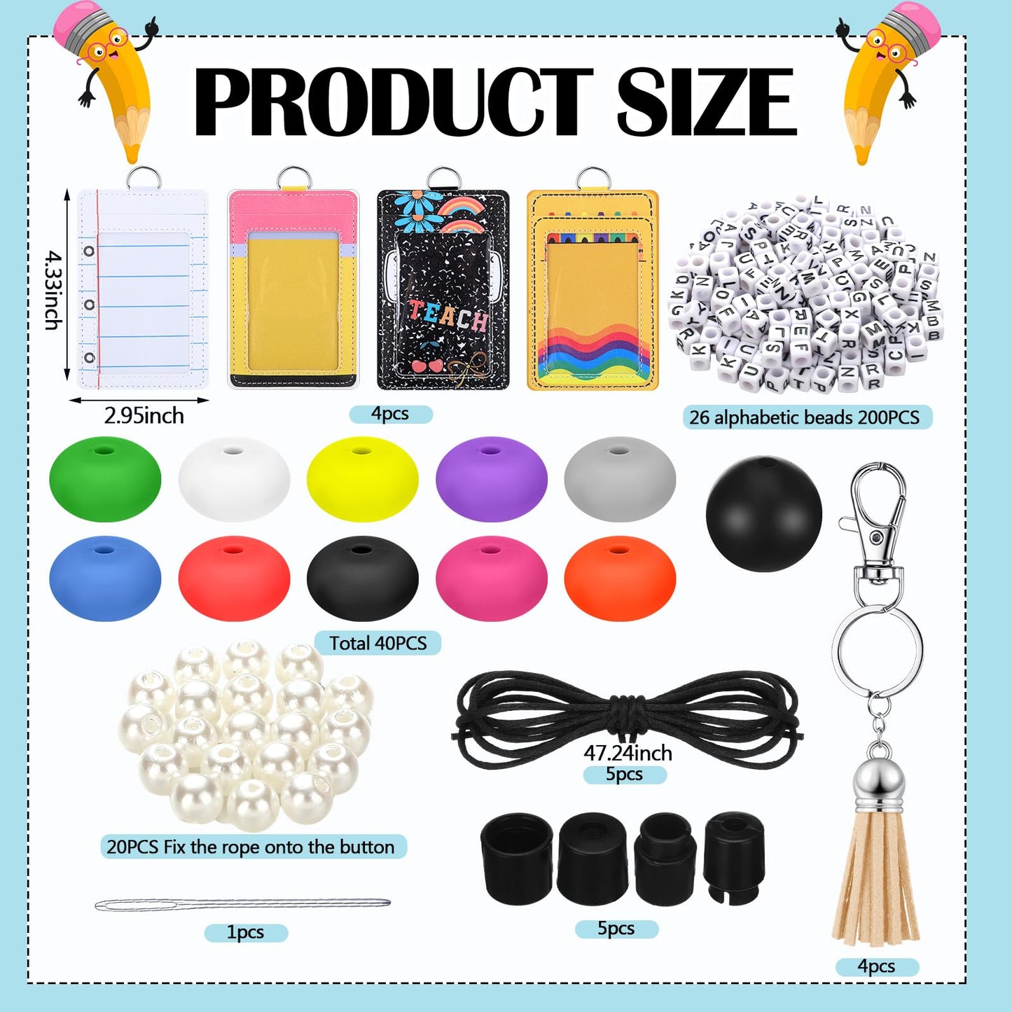 Gueevin 4 Sets/279 Pcs DIY Name Teacher ID Badge Holder with Lanyard Keychain Making Kit DIY Teachers Appreciation Gifts Cute Silicone Bead Lanyards Making for Teacher Office Graduation Supply Gifts