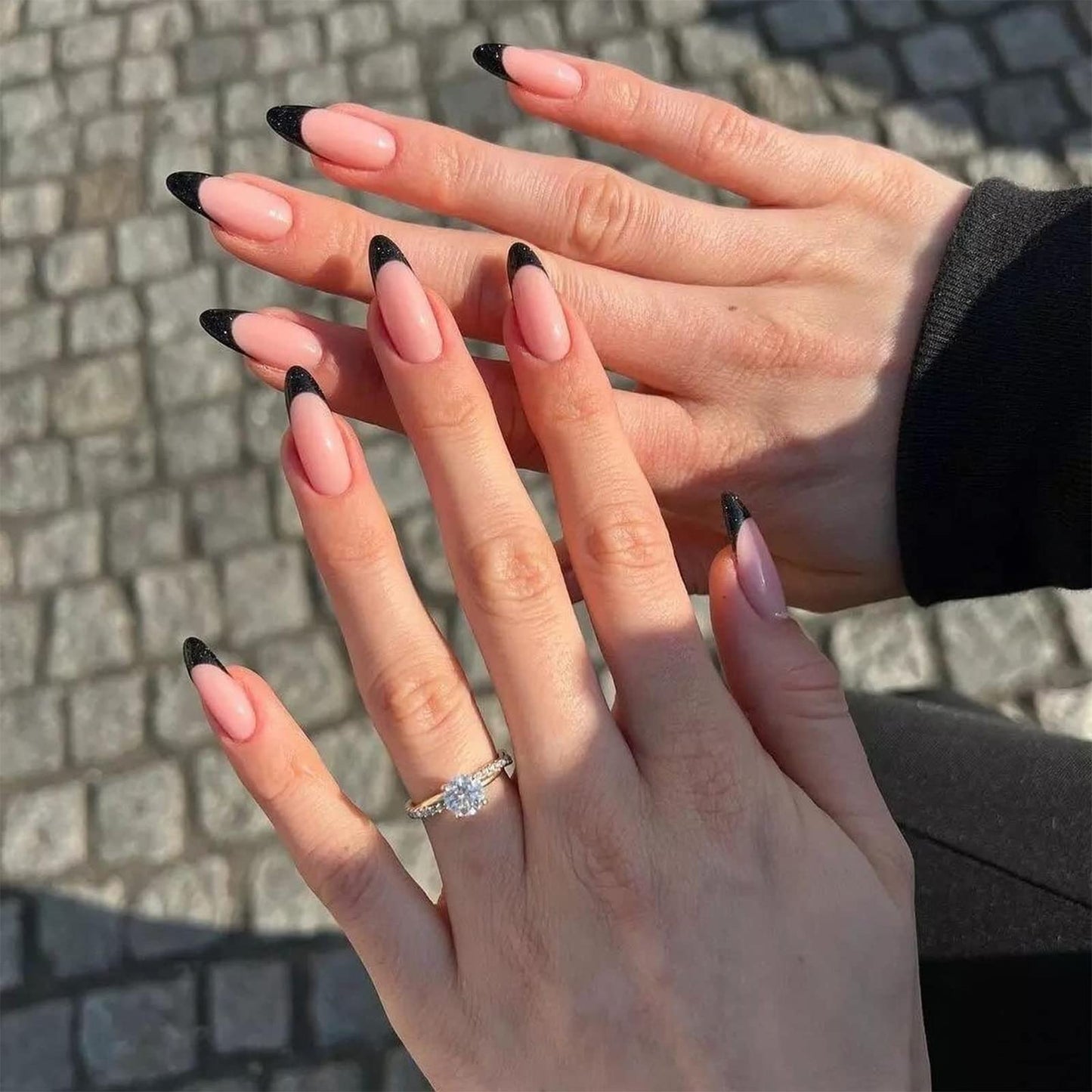 SINHOT French Tip Press on Nails Almond Fake Nails Glossy Glue on Nails Medium Natural Stiletto Acrylic Nails Manicure Black False Nails with Designs 24 pcs