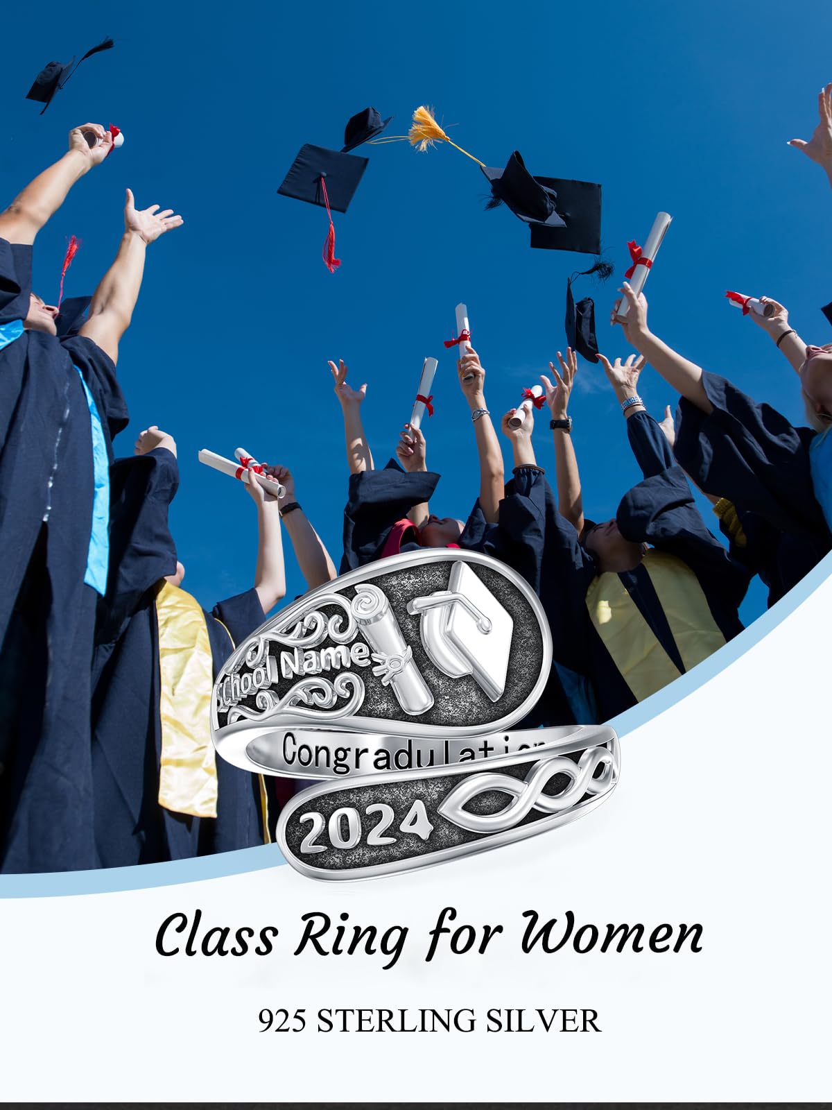 Midari Custom Class Rings Women Class Spoon Rings 925 Sterling Silver personalized Graduation Rings for Women 2024 Memory Graduation Jewelry Gift for College High School
