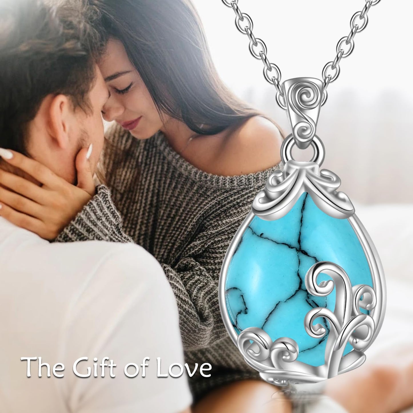 POPLYKE Sterling Silver Turquoise Filigree Teardrop Pendant Necklace Gemstone Crystal Jewelry for Women