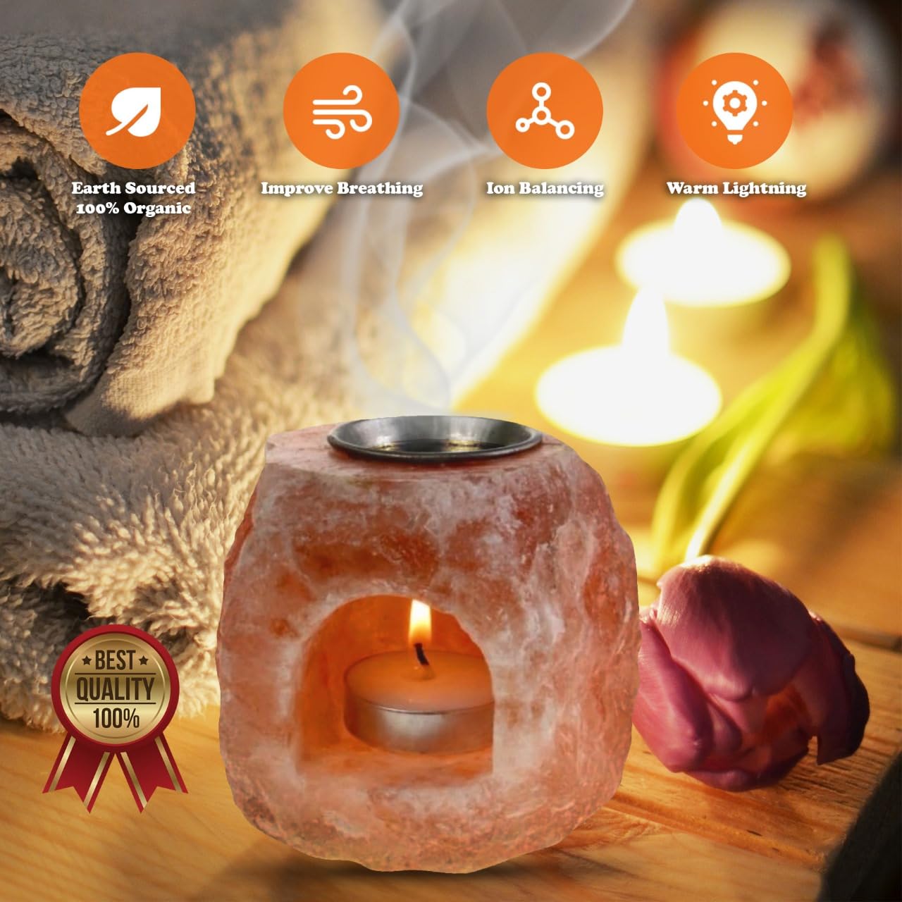 Himalayan Salt Candle Holder with Aroma Lid - Includes 6 Tea Light Candles, 4-Hour Burn Time - Natural Decor for Home, Office, and Spa, 3.5 inch.