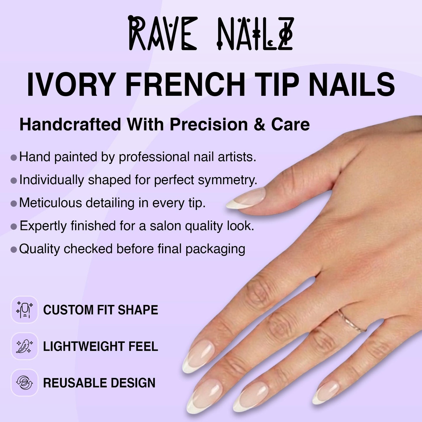 Rave Nailz Ivory French Tip Press On Nails (30 Count) - Short Oval Glossy Press On Nails with Subtle Elegance - Chip-Resistant Fake Nails with Glue, Includes File, Long-Lasting 2+ Weeks
