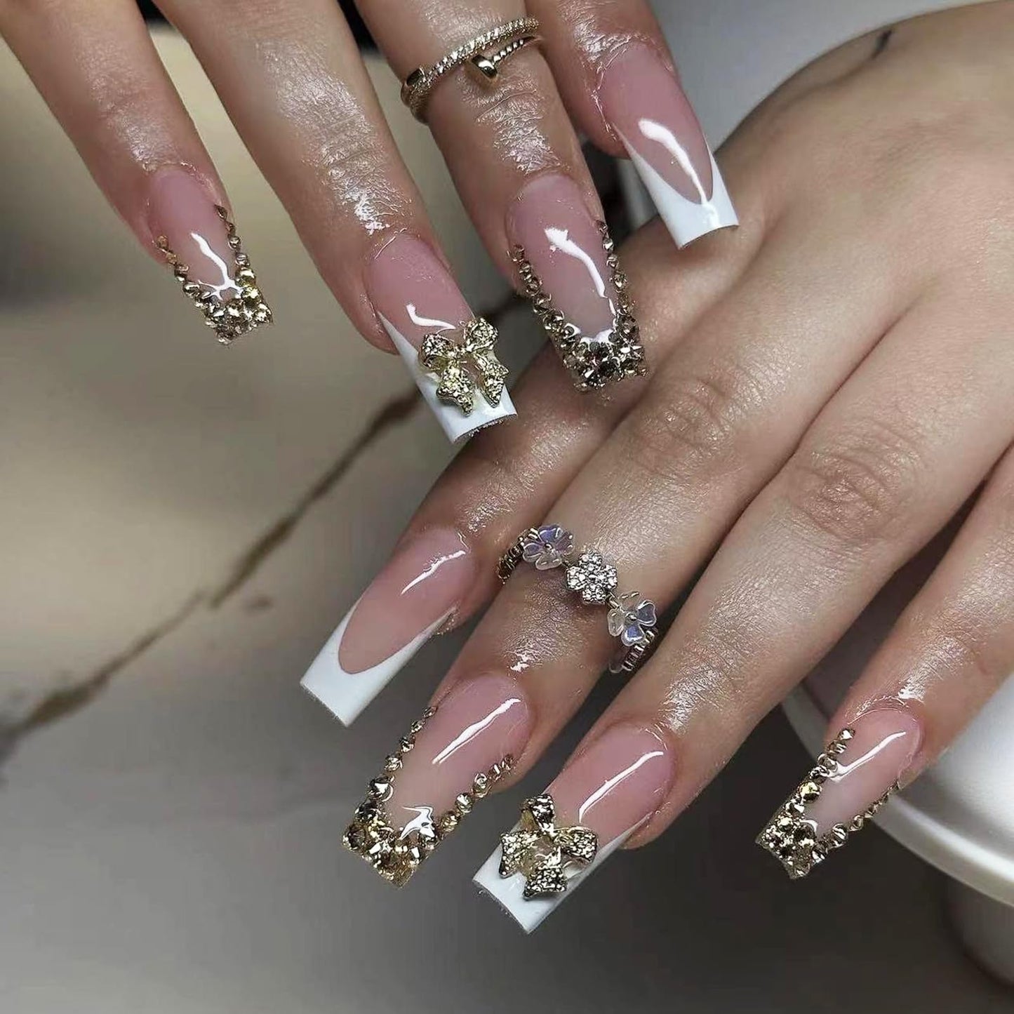 IMRAIN Long Square Press on Nails Golden French Tips Fake Nails with Rhinestone & Bow Designs Glossy Gel False Nails Artificial Stick on Nails for Women 24Pcs