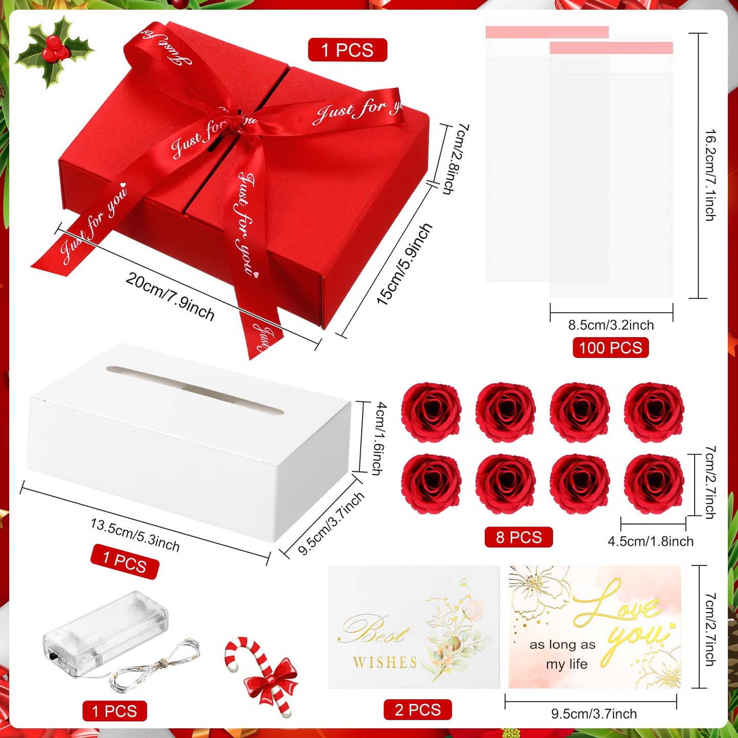Resholder Money Pull Box for Cash Gift Birthday Money Pull out Gifts with 8 Rose 2 Greeting Card 1 Light String for Mom Husband Wife Anniversary Christmas(Red)