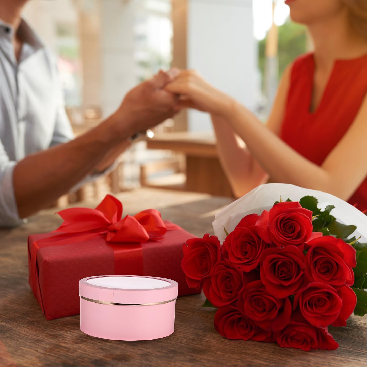 Baluue Round Flower Boxes Set of 2 with Transparent Window Pvc Lid Floral Packaging for Valentine Birthday Anniversary and Special Occasion