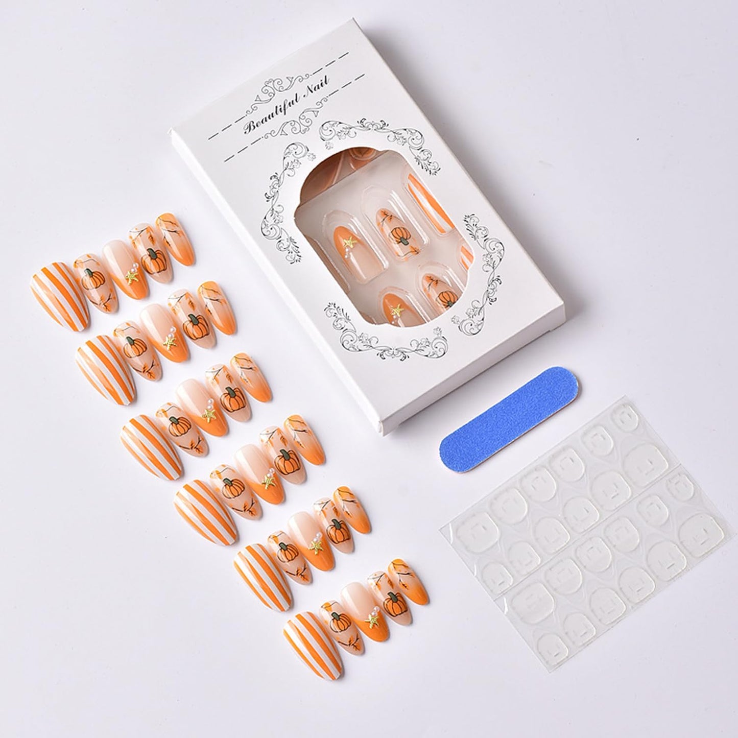CJDLTS 30Pcs Thanksgiving Press on Nails Medium Almond Maple Leaf Artificial Acrylic Fake Nail Pumpkin with Starfish Pearl Stick on Nail Full Cover Autumn Artificial Fingernails for Women Manicure