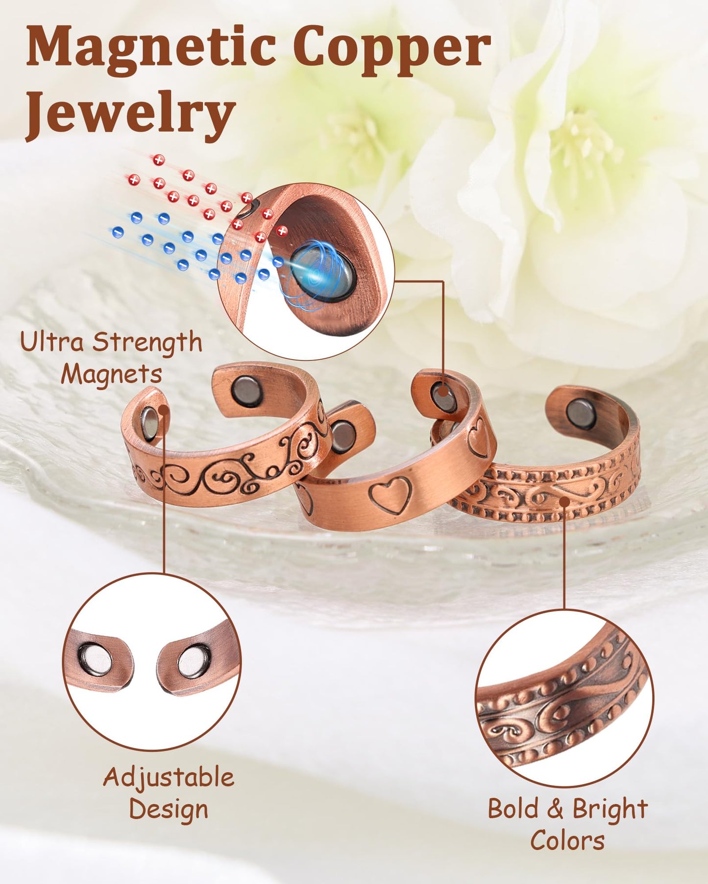 BioMag 3Pcs Lymphatic Drainage Copper Ring for Men Women, 99.99% Pure Copper Magnetic Rings, Adjustable Jewelry Gift with Jewelry Box (CopperA-3PCS)