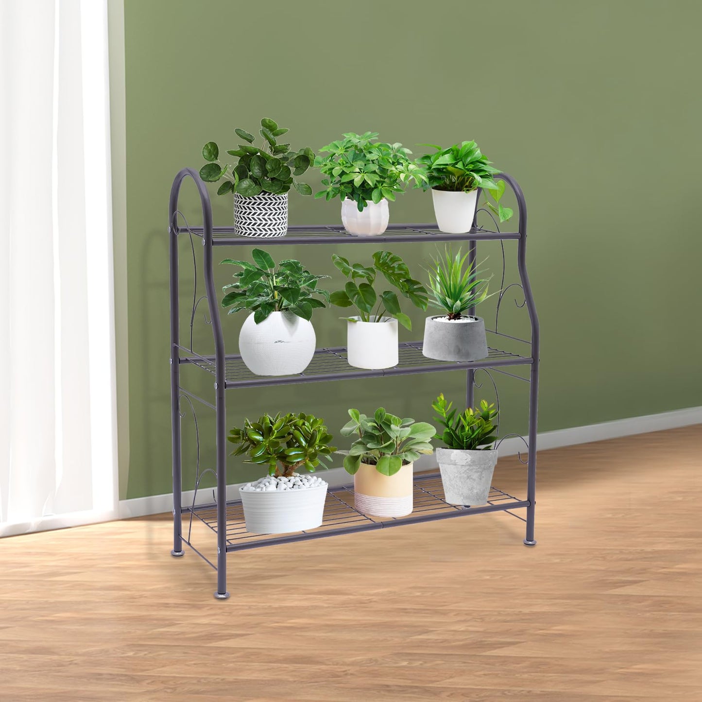 AngelcityCC 3 Tier Metal Plant Stand Scrollwork Design Indoor and Outdoor Flower Rack, Home Storage Organizer Shelf Black