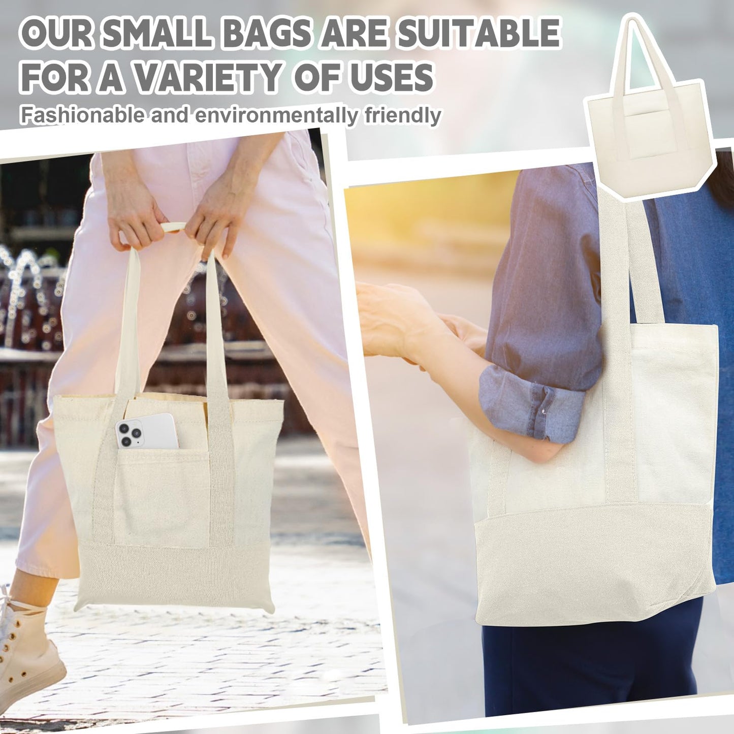 Amylove Canvas Tote Bag with Pockets Duty Canvas Sublimation Blank Small Bag Mini Reusable Tote for Crafts DIY(13" X 11",Natural Color,1 Pcs)