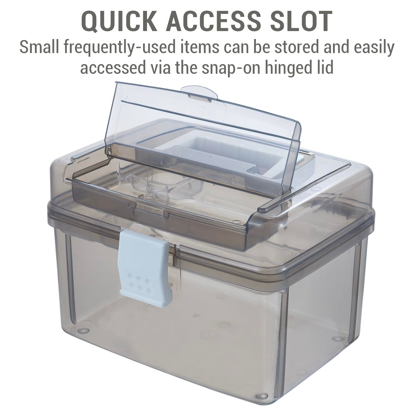 MyGift 10 Inch First Aid Transparent Gray Bin with Clear Removable Tray, Quick Access Lid Flap and Carrying Handle, Portable Emergency Kit, Medical Supply Travel Tote, Medicine Storage Box Container