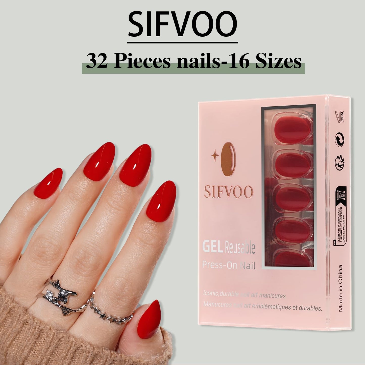 Sifvoo Red Press On Nails Short Almond, Glossy Reusable Press On Nails for Women, 32 Count 16 Sizes Nail Kit with Glue (SV-03)