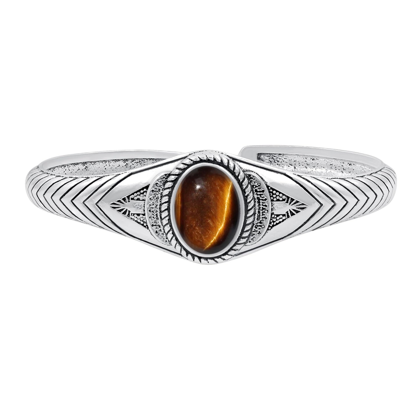 Tiger Eye Cuff Bangle Bracelet for Men Women – Handmade 925 Silver Plated Adjustable Boho Jewelry – Natural Gemstone June Birthstone Statement Bangle – Elegant Bohemian Gifts for Him Her