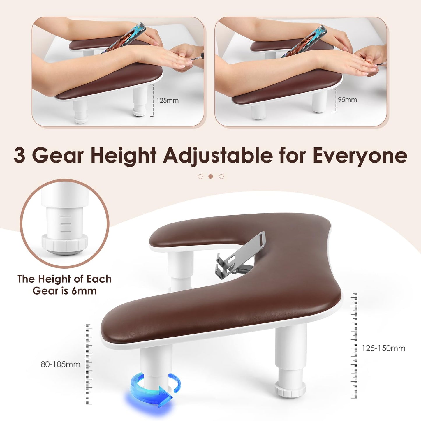 LIONVISON Arm Rest for Nails Tech: U Shaped Adjustable Height Ergonomic Nail Hand Rest Stand PU Leather with Rotating Phone Holder for Nail Salon Manicurist (Brown)