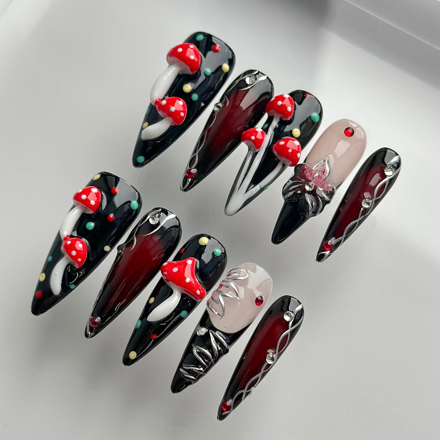 Luxury Press on Nails Long Stiletto Handmade 3D Unique Reusable ABS Material Fake Nails Black False Nails with Designs Mushroom Polka Dots Rhinestones Glossy Glue on Nail Thick Acrylic Nail(S)