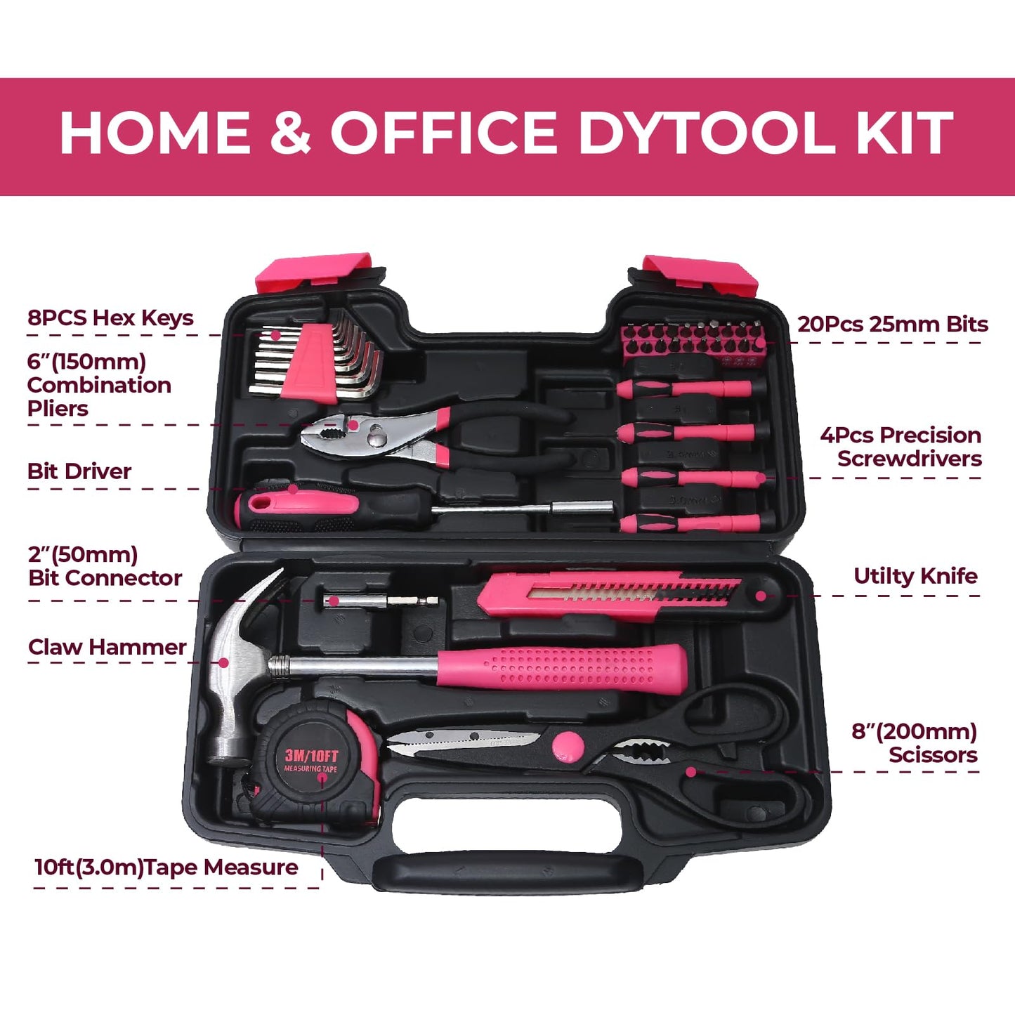 ABCY 39 Piece Basic Tool kit for Women, All Purpose Pink Tool ser Household Hand Tools with Toolbox for Home Repairs, College Dorm Essentials, DIY Crafts & Gifts
