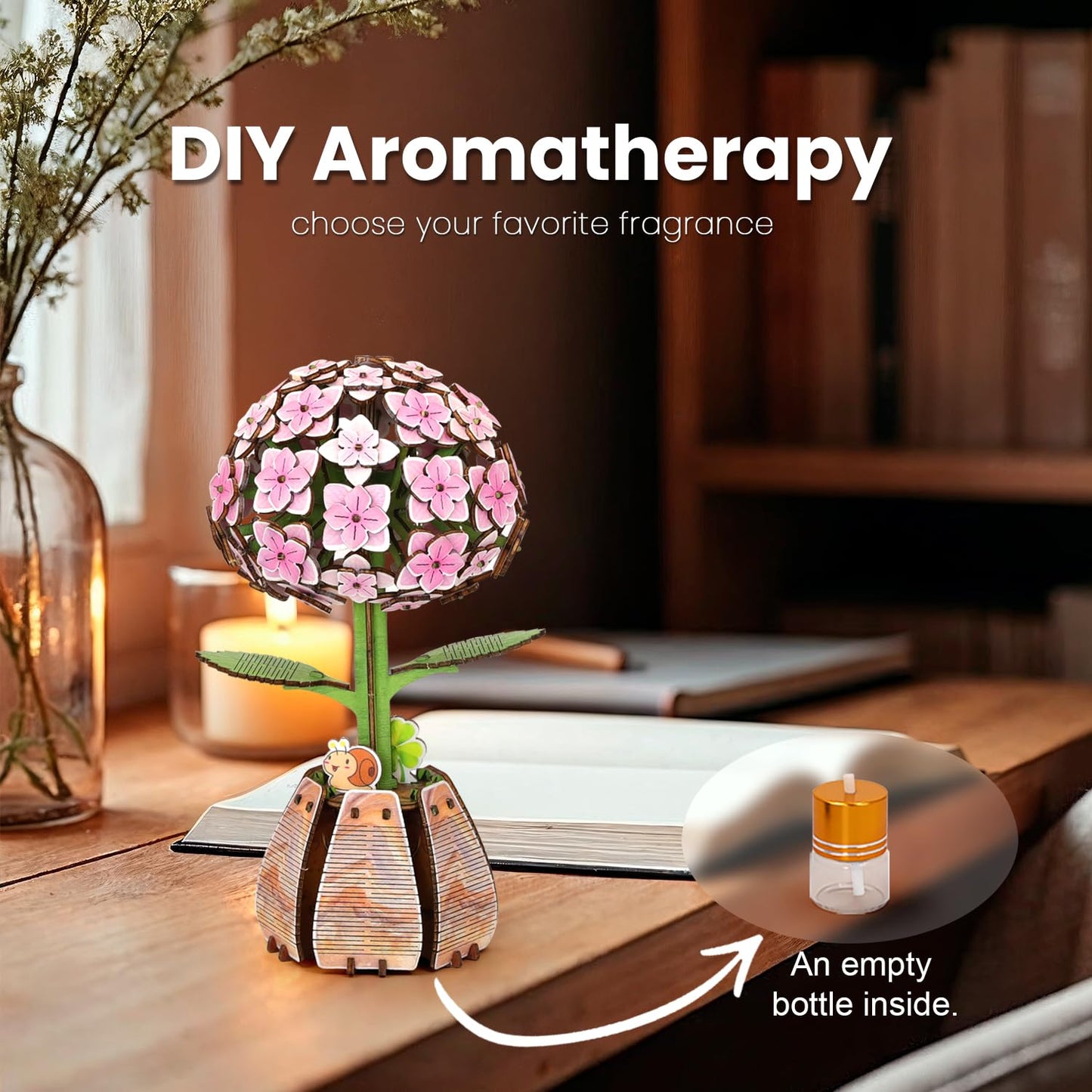 Jege 3D Flower Wooden Puzzles for Adults, DIY Building Set with 2 Flowers, 2 Perfume Bottles & Diffuser Sticks, Creative Craft Gifts & Home Decor (Rose + Hydrangea)