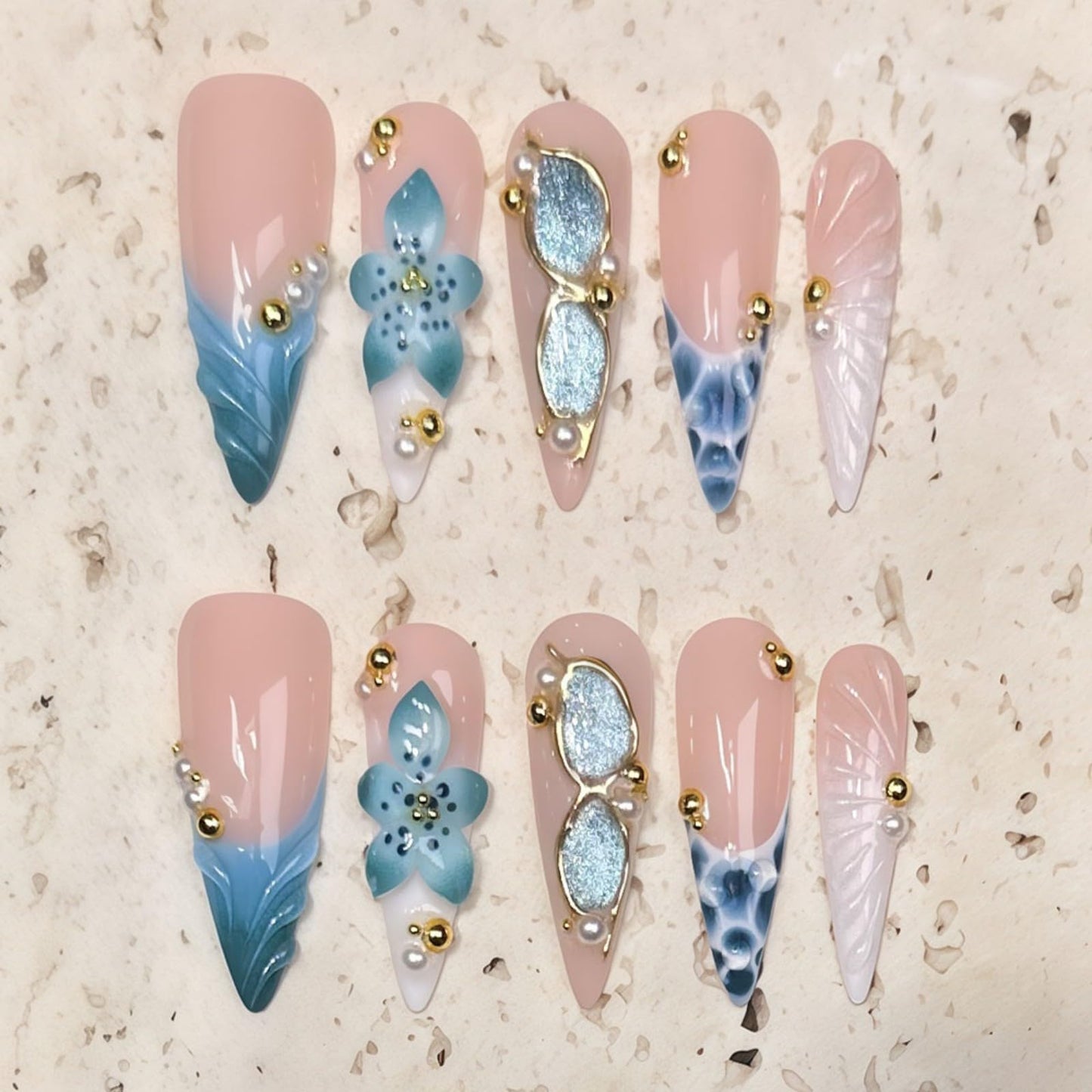 Handmade Almond Press on Nails Long Tip False Nails Summer French Tip Nails Press Ons with 3D Flowers Design Reusable Fake Nails Luxury Full Cover Stick on Nail for Women Manicure 10Pcs (Size M)