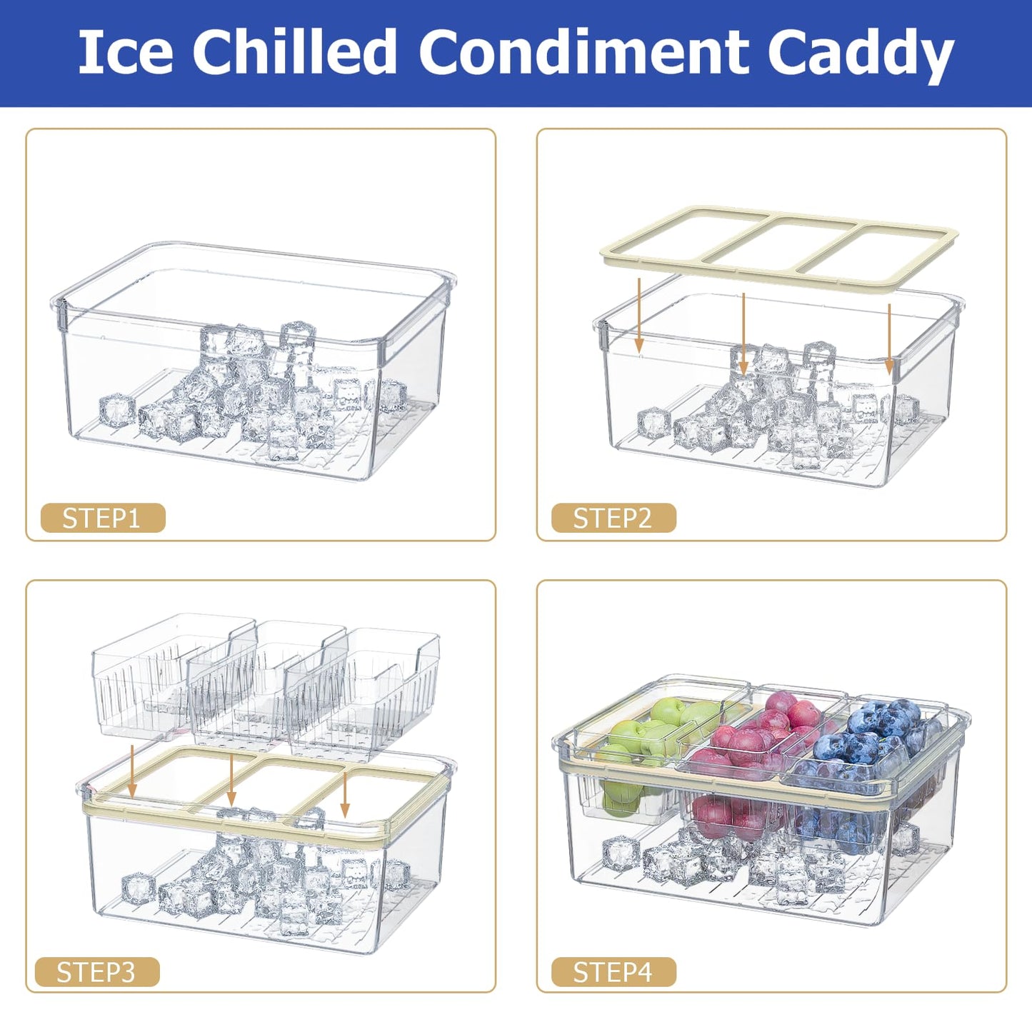 Sorgion Ice Chilled Condiment Caddy with Portable Handle, 5 Compartment Serving Tray with Built-in Bread Slicer and Ice Chamber, Clear Garnish Tray for Bar, Taco Party, BBQ, Picnic & Fruit Pink