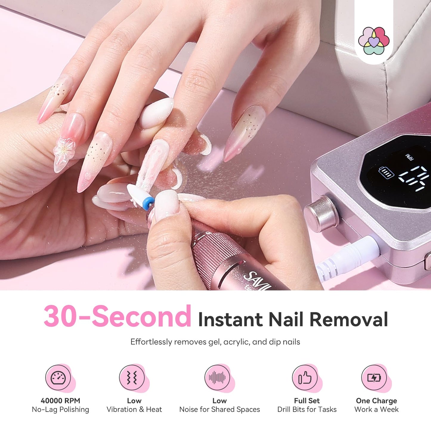 SAVILAND 2026 Electric Nail Drill Professional: 40000RPM 30-Second Removal & All-Day Runtime, Nail File with LED Display & Complete Bits Set for Acrylic, Dip Nails, Salon & Home Use (Gradient Pink)