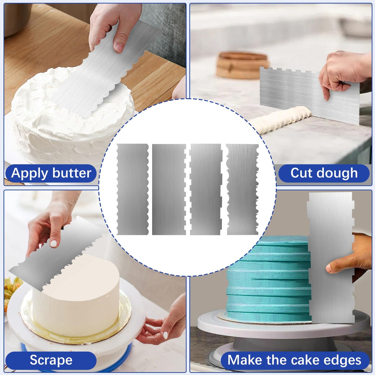 4 Pack Stainless Steel Cake Scraper,8.6 Inch Double Sided Patterned Stripe Metal Cake Smoother, Cake Decorating Comb Pastry Cutter Leveler for Mousse Butter Cream Cake Edge Baking Decoration