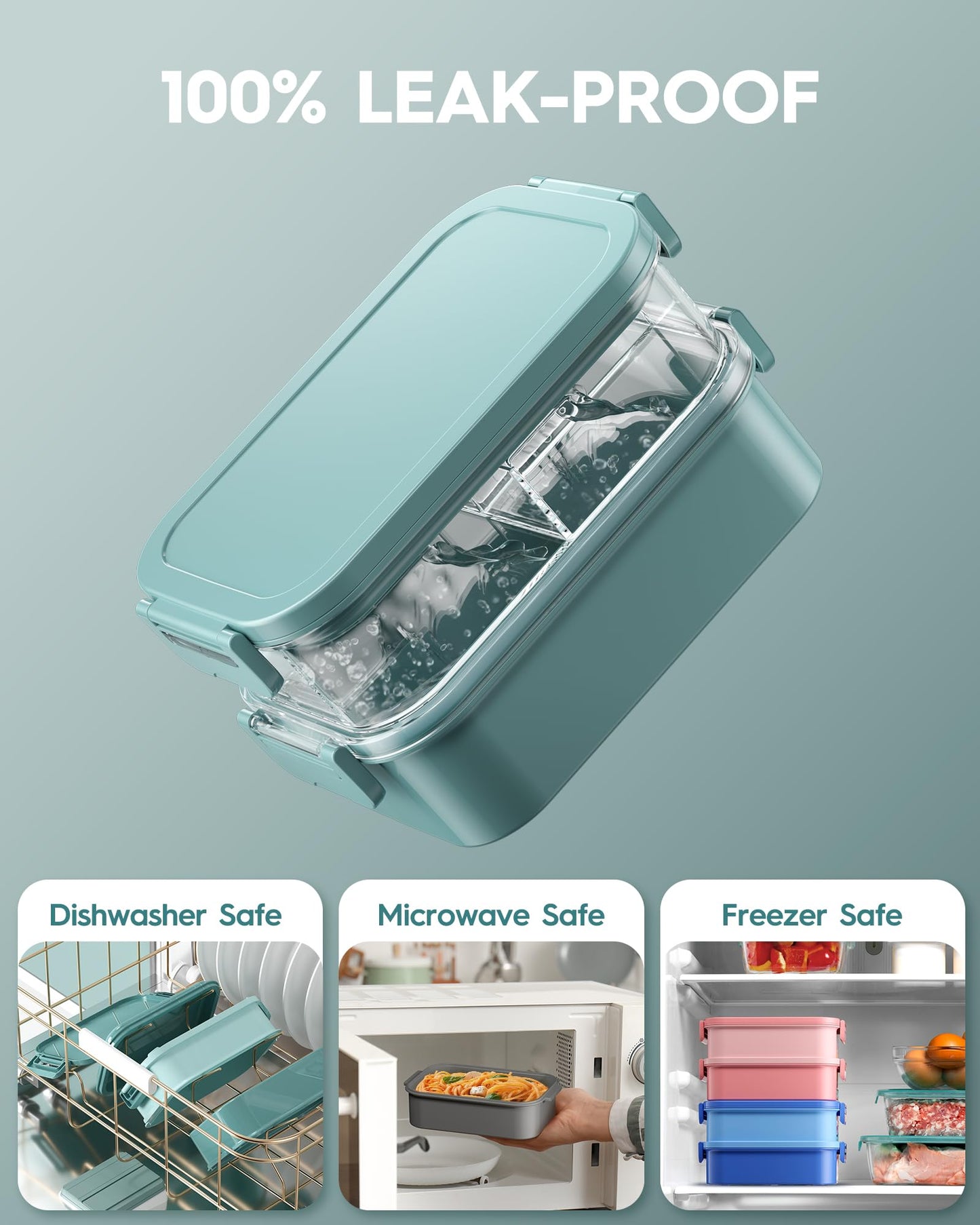 KEMETHY Adults Bento Lunch Box Set with Thermo Bag, 74oz Stackable Leak-proof 3-tiers Bento Box, Built-in Utensil and Sauce Container for Work, School, Dining Out (Green)