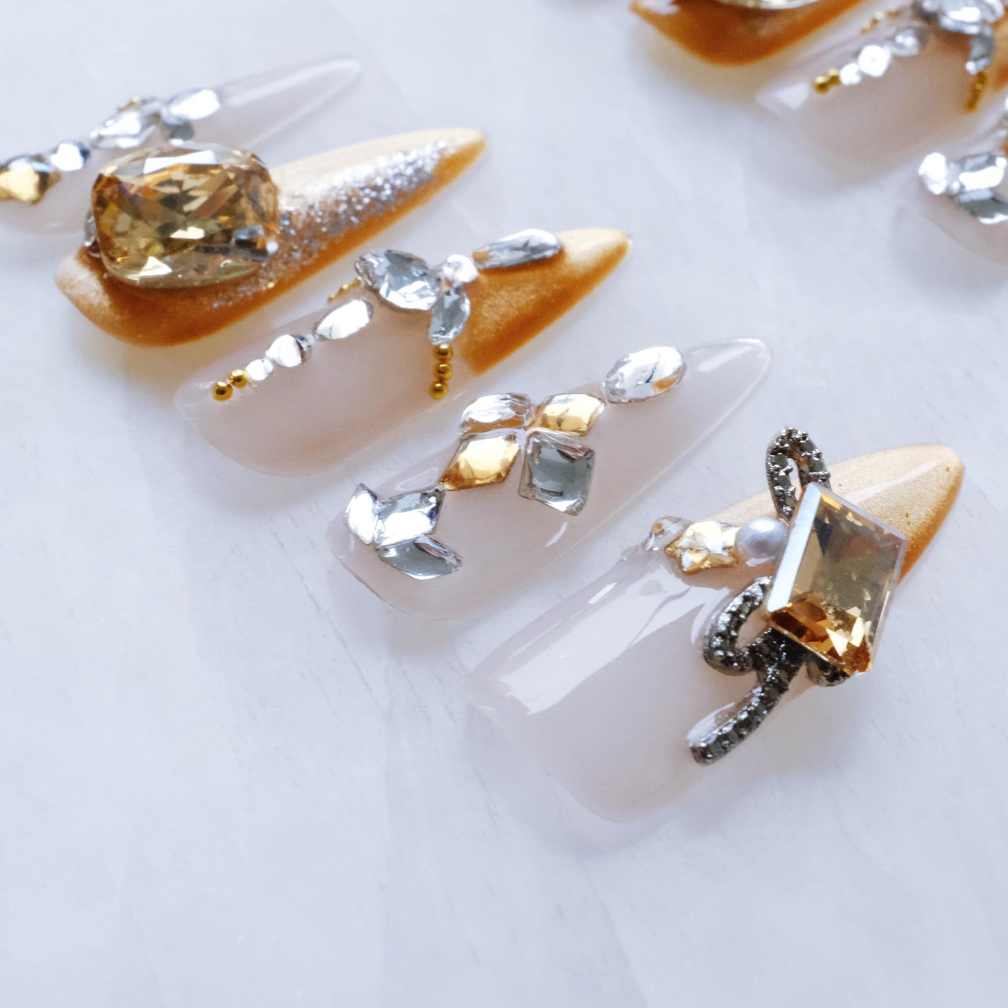 GLORS Luxury Long Stiletto Press-On Nails, Yellow Glitter with 3D Rhinestones and Heart Gems, Handmade False Nail 10 Pieces (Small, LS)