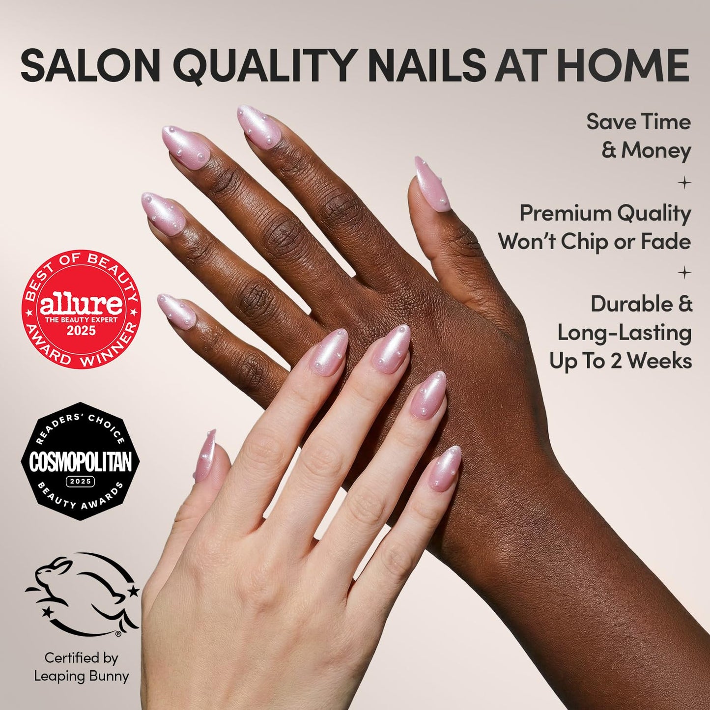 Glamnetic Press On Nails - Pearl Me Softly Spring Nails | Short Almond Fake Nails in a Soft Pastel Pink Hue with Girly 3D Pearls and a Velvet Finish | 15 Sizes - 30 Nail Kit with Glue
