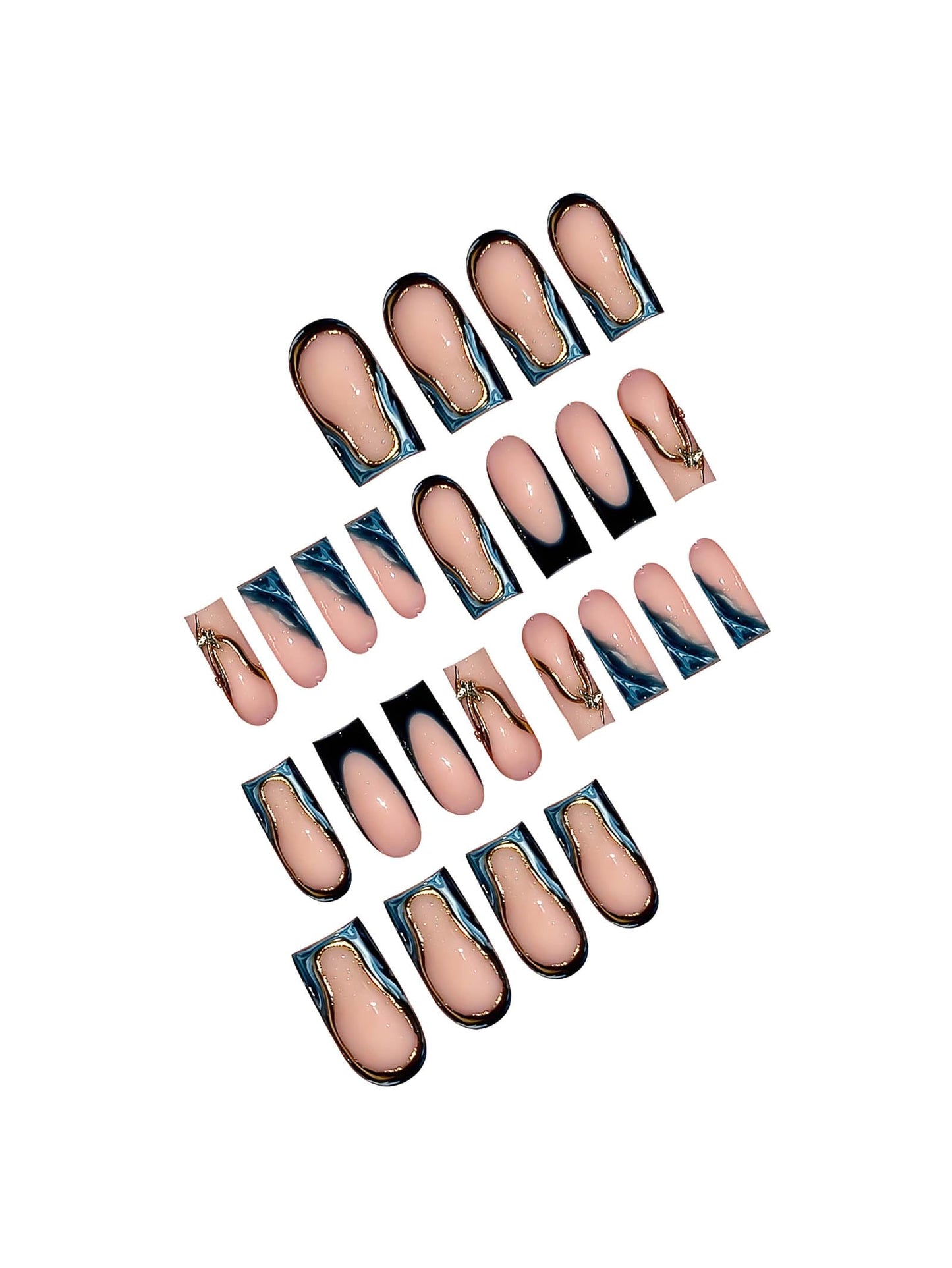 RUOKEXIN Long Square Press on Nails French Tip Fake Nails Gold Ombre False Nails with Designs Sparkly Artificial Nails Long Nail Press ons Cute Stick on Nails for Women 24Pcs