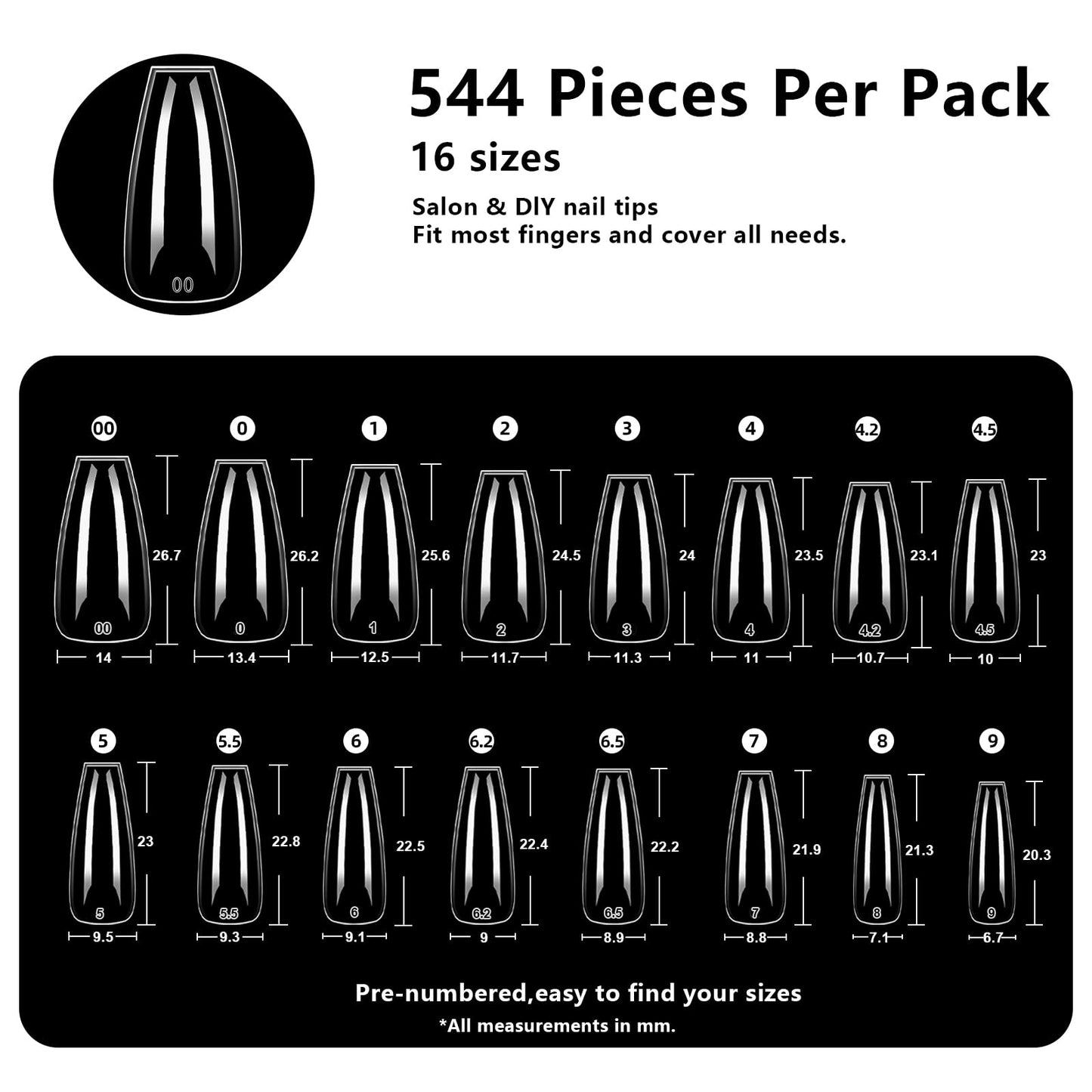 BETE Medium Coffin Clear Acrylic Nail Tips–544Pcs 16 Sizes with Half Sizes, Tipex Instant Apex Full Cover False Nails, Pre-Shaped Strong Thick Press On Nails for Home & DIY Manicure