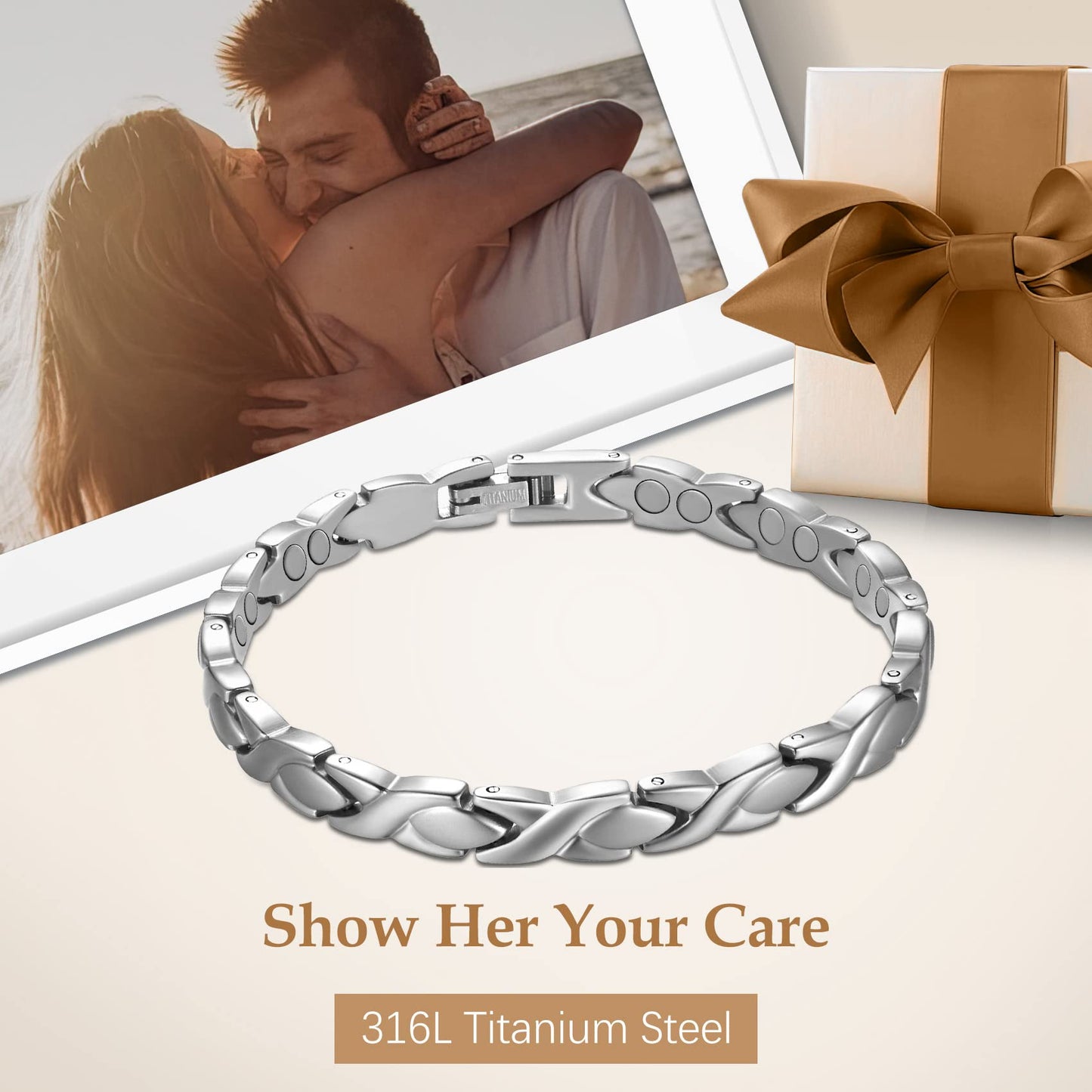 Feraco Magnetic Bracelet for Women Titanium Steel Magnetic Therapy Bracelet with Neodymium Magnets, Unique X Shape Links (Silver)