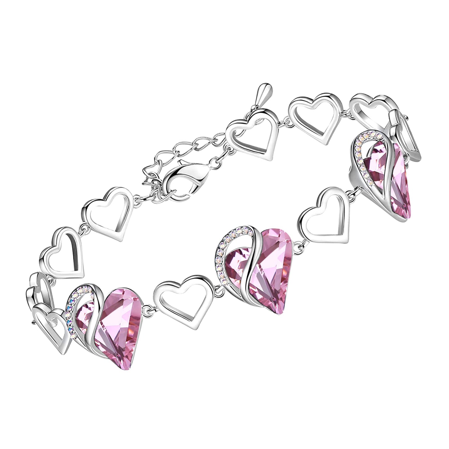 Leafael Mothers Day Gifts Infinity Love Heart Bracelet for Women, October Birthstone Crystal, Rose Quartz Pink, Silver Tone Adjustable Chain
