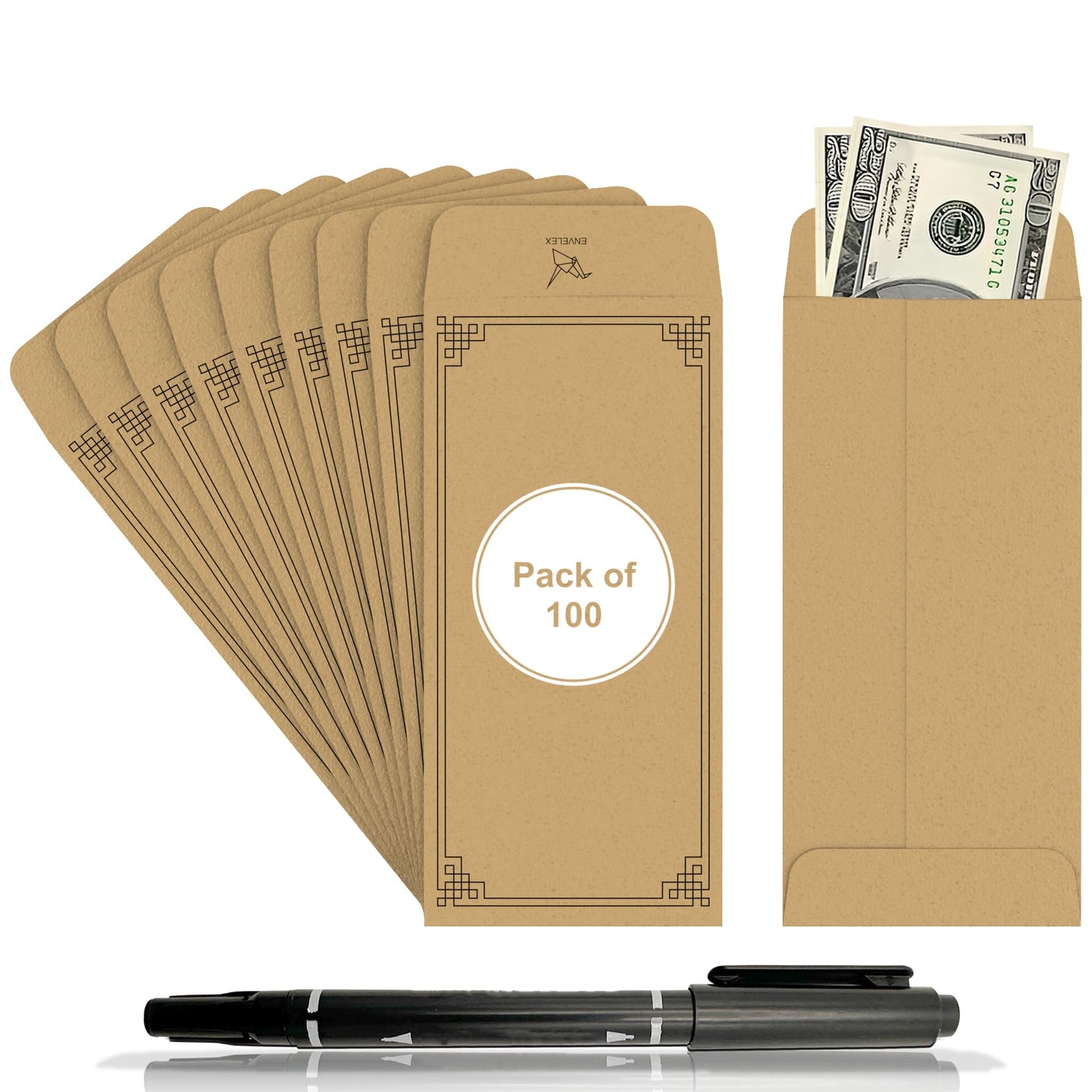 Envelex 100 Pack Brown Cash Envelopes with Black Pen, 3.2" x 6.6" 130 GSM Paper Envelopes with Gummed Flap for Seed Packets, Key Envelopes, Jewelry, Ticket Envelope & Small Parts