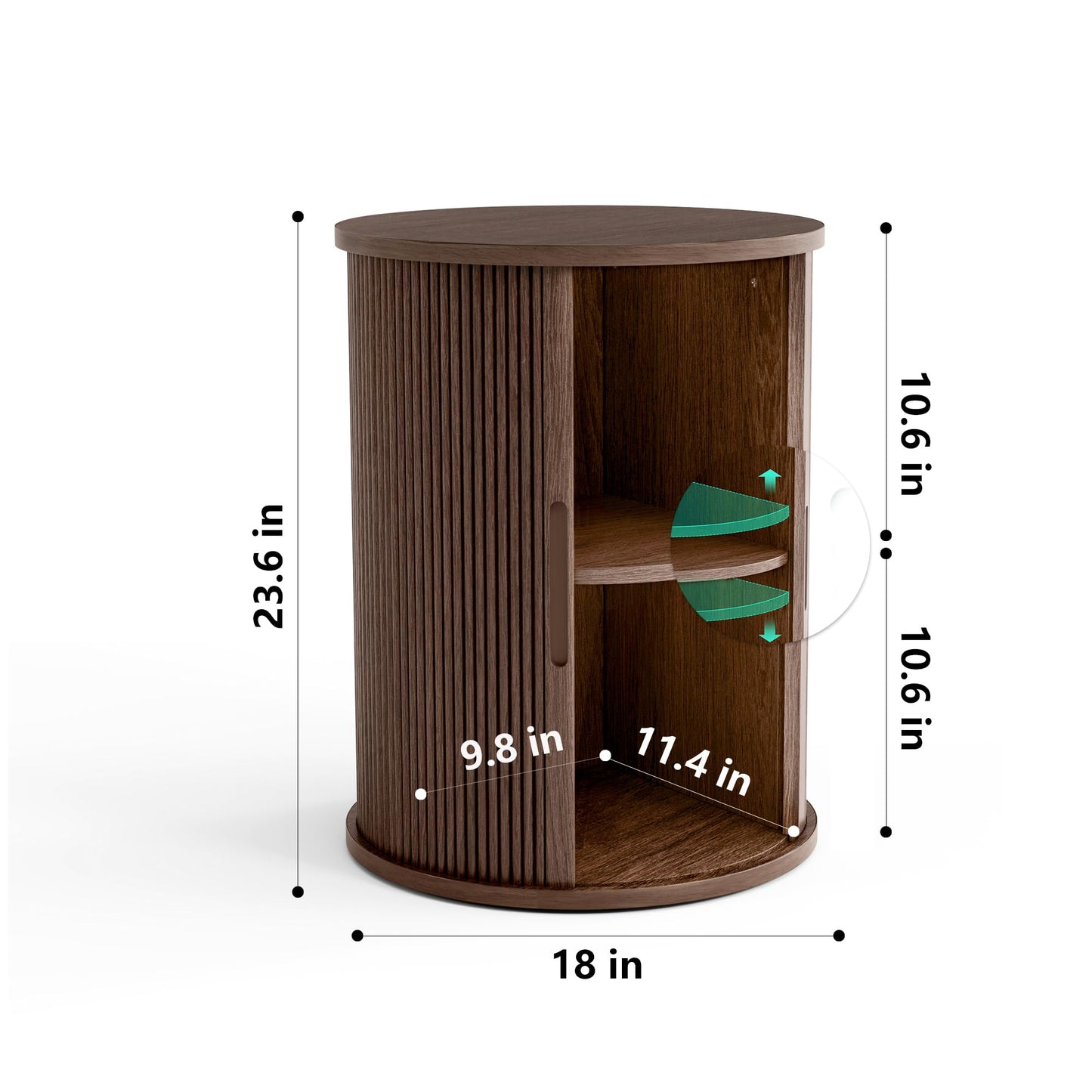 LINSY HOME Round End Table, Fluted Side Table with Sliding Tambour Door and Storage Shelf, Mid Century Modern Circular Nightstand for Bedroom, Wood Boho Tall Bedside Cabinet for Small Space, Walnut