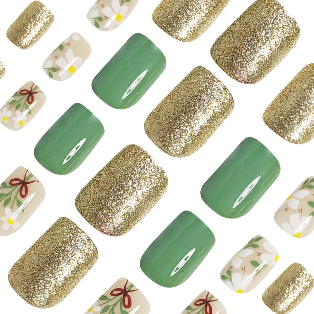 Short Press on Nails Square - Green Fake Nails with Flower Design - Spring, Glitter Full Cover Stick on False Nails for Women - 24 Pcs