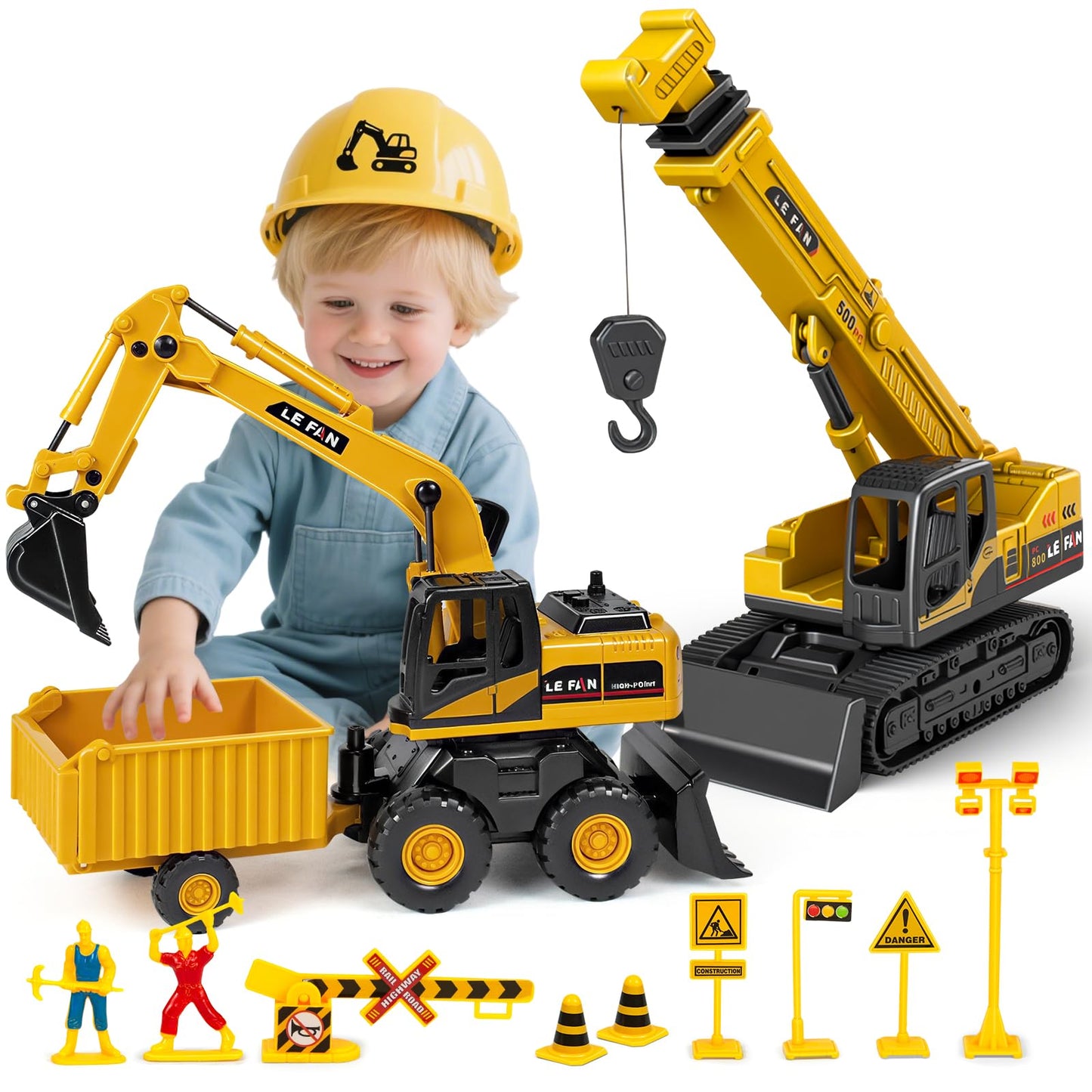 Kids Construction Toys for Boys - 3 in 1 Excavator, Crane and Dump Trucks with Road Signs for Toddlers Ages 3-5, Friction Power Construction Vehicles Model Car, Transport Truck Playset Birthday Gifts