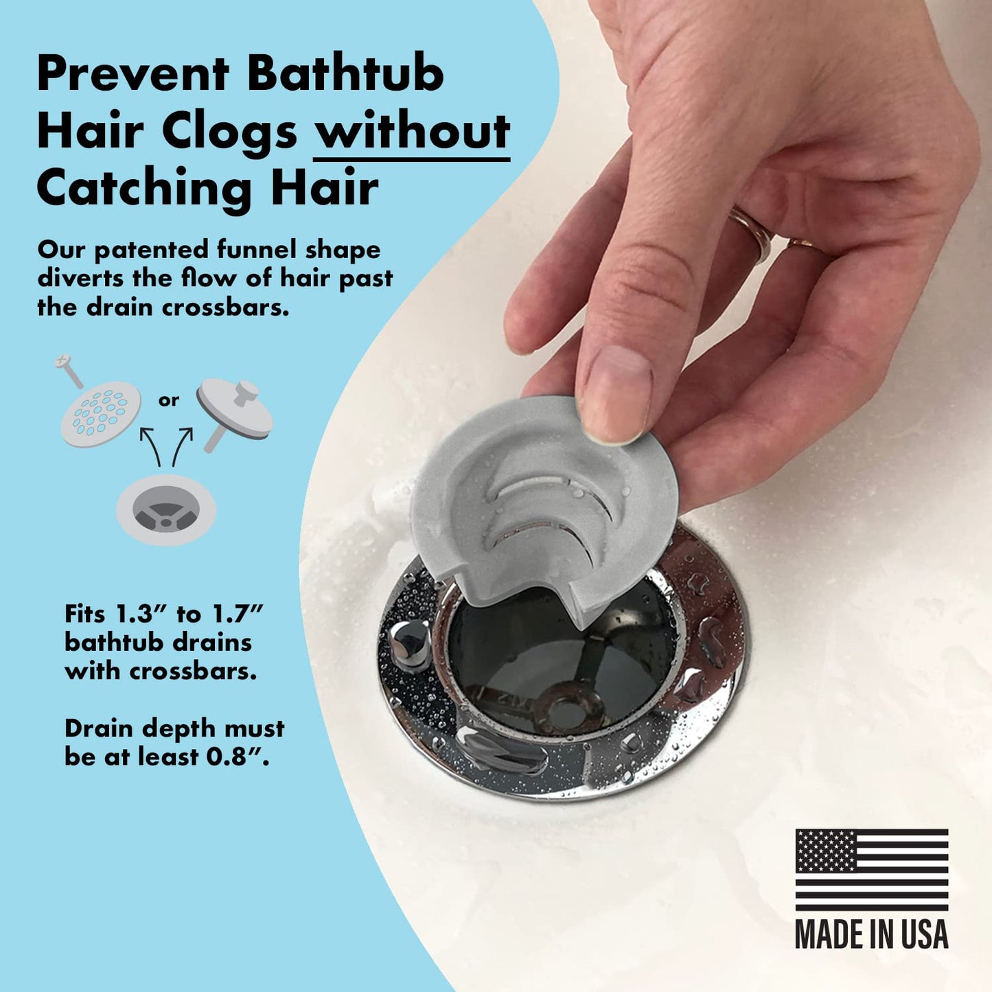 DRAINFUNNEL Bathtub Drain Funnel for Hair Clog Prevention, 2 Size Pack 1.3"-1.7" Tub Drains (Gray)