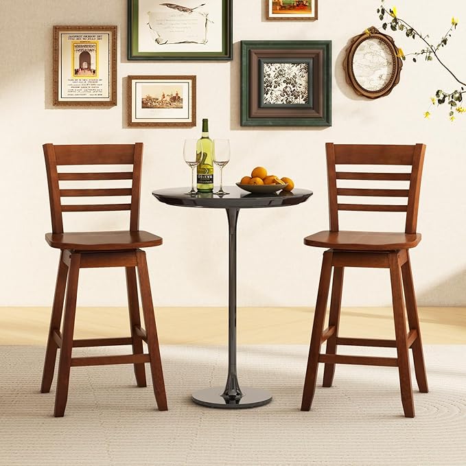 COSTWAY Bar Stools Set of 2, 24.5 Inch Swivel Counter Height Bar Chairs with Hollow Backrest & Contoured Seat, with Footrest for Kitchen Island, Pub, Bistro, Cafe (2, Walnut)