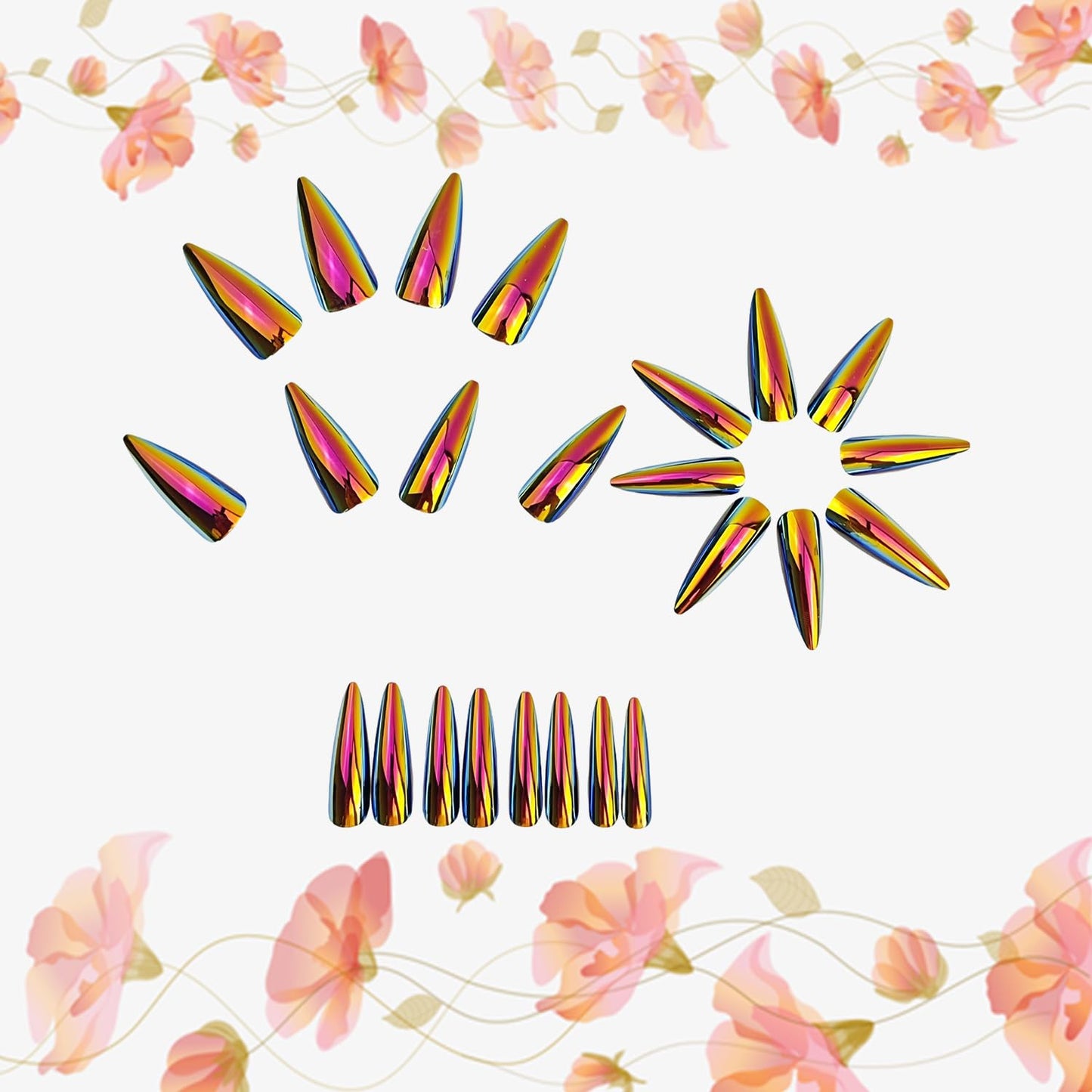 Chrome Press on Nails Medium Length Artificial Acrylic Metallic Laser Chrome Glossy False Nails Design Almond Stick on Nail Reusable Full Cover Glue on Nail Artificial Fingernails for Women Manicure