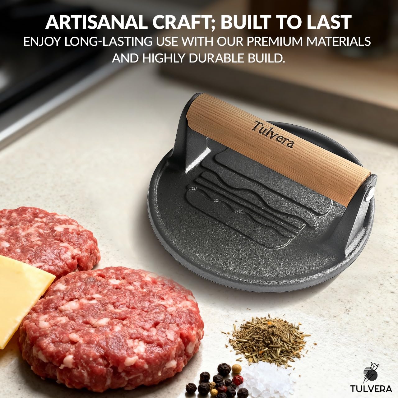 Tulvera Smash Burger Press | Cast Iron Hamburger Smasher Tool | Flat-Edge Meat Press for Hamburgers, Bacon, Outdoor Kitchen | Griddle & Grilling Accessories | Pre-Seasoned | 6.1”