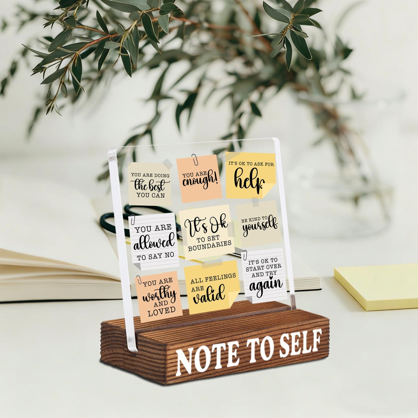 Inspirational Desk Decor with Positive Self Reminder Notes, Acrylic Encouragement Sign with Rustic Wood Base, Motivational Office Desk Gift for Coworker Friend SNOTE11