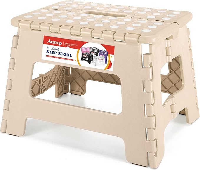ACSTEP Folding Step Stool Lightweight Plastic Step Stool 9 Inch Foldable Step Stools Non Slip Folding Stools for Kitchen Bathroom Bedroom Khaki